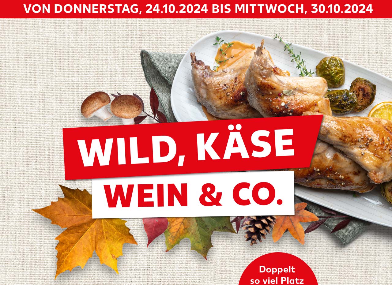 Schriftzug: Wild, Käse, Wein & Co.; Von Donnerstag, 24.10.2024 bis Mittwoch 30.10.2024; Abbildung: Kaninchenkeule auf einem Teller; Hintergrund: Blätter und Pilze