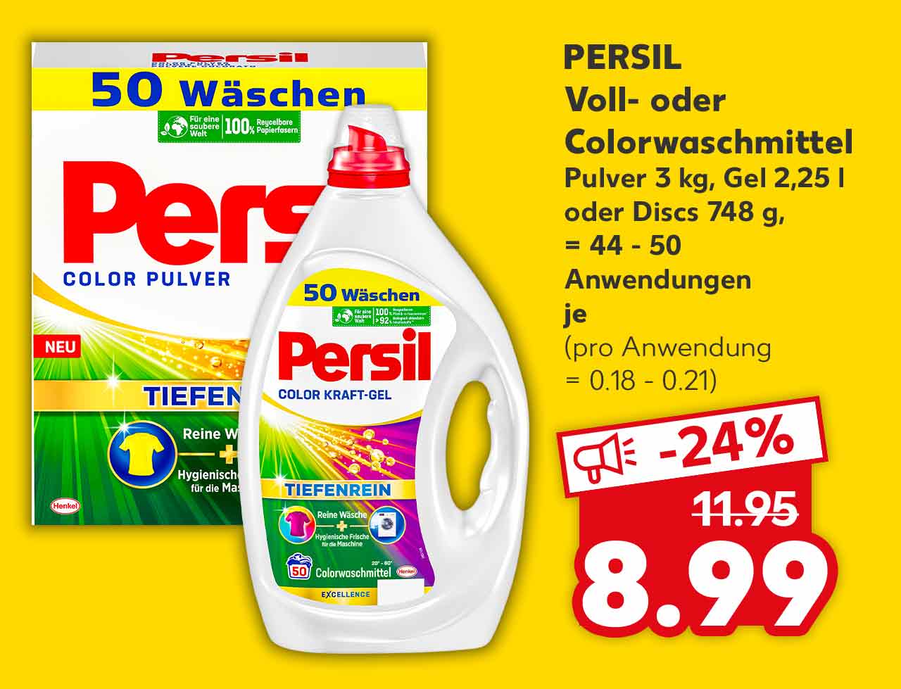 Persil Voll- oder Colorwaschmittel, Pulver 3 kg, Gel 2,25 l oder Discs 748 g, = 44 - 50 Anwendungen, je für 8.99 Euro (pro Anwendung = 0.18 - 0.21)