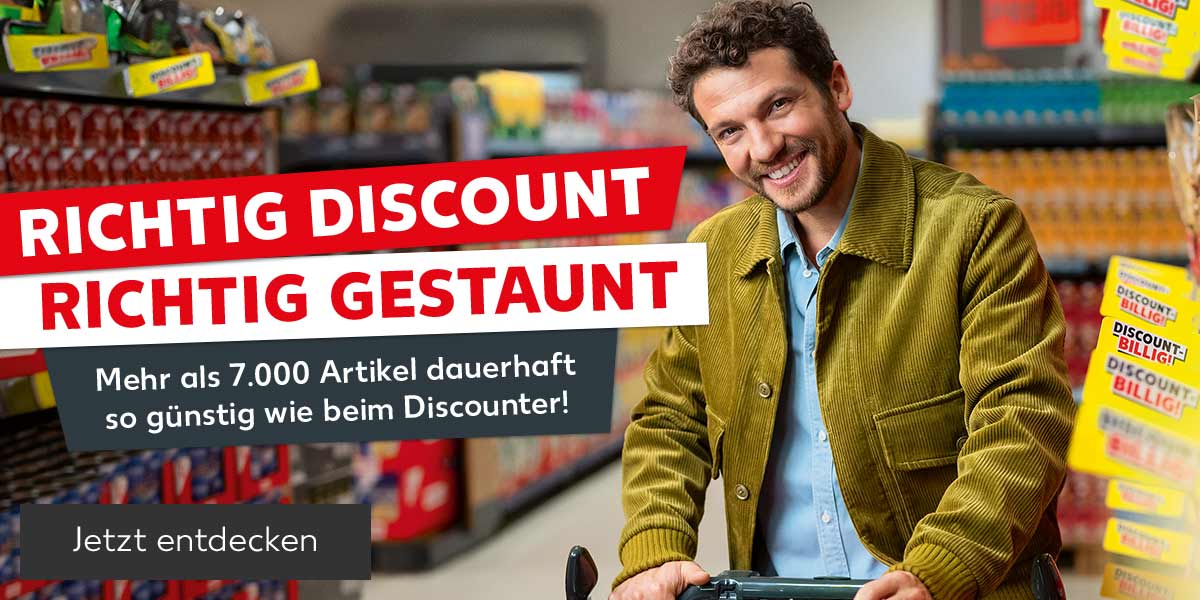 Schriftzug: Richtig Discount, richtig gestaunt; Mehr als 7.000 Artikel dauerhaft so günstig wie beim Discounter!; Abbildung: Ein Mann schiebt einen Einkaufswagen; Button: Jetzt entdecken