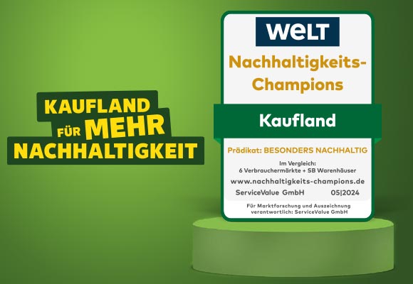 Schriftzug: Kaufland für mehr Nachhaltigkeit; Auszeichnung: Welt, Nachhaltigkeits-Champions, Kaufland