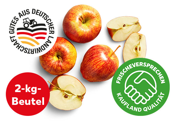 Dtsch. Tafeläpfel; Störer: 2-kg-Beutel; Logo: Gutes aus deutscher Landwirtschaft; Logo: Frischeversprechen Kaufland Qualität