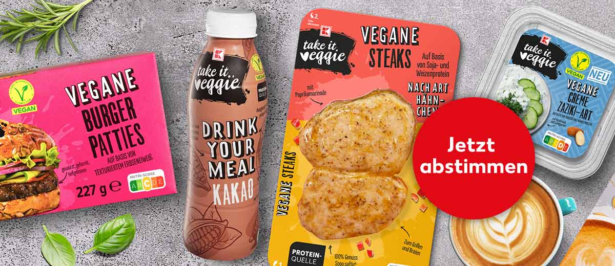 Abbildung: versch. Produkte von K-take it veggie; Störer: Jetzt abstimmen