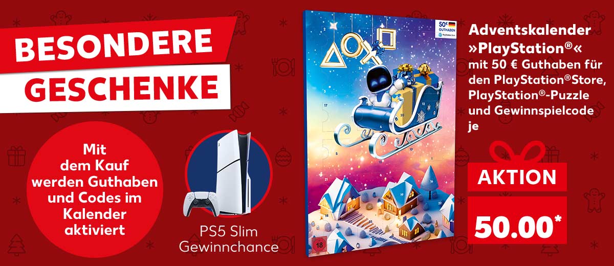 Schriftzug: Besondere Geschenke; Logo: Playstation®; Adventskalender »PlayStation®«, mit 50 € Guthaben für den PlayStation®Store, PlayStation®-Puzzle und Gewinnspielcode (für 1 von 1.111 Preisen wie PS5 Slim und versch. Guthaben im PlayStation®Store), je für 50.00 Euro*; Störer: Mit dem Kauf werden Guthaben und Codes im Kalender aktiviert; Abbildung und Schriftzug: PS5 Slim Gewinnchance