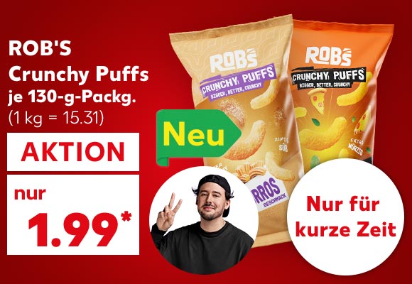 Rob's Crunchy Puffs, versch. Sorten, je 130-g-Packg. für 1.99 Euro* (1 kg = 15.31); Abbildung: Crispy Rob; Logo: Neu; Störer: Nur für kurze Zeit