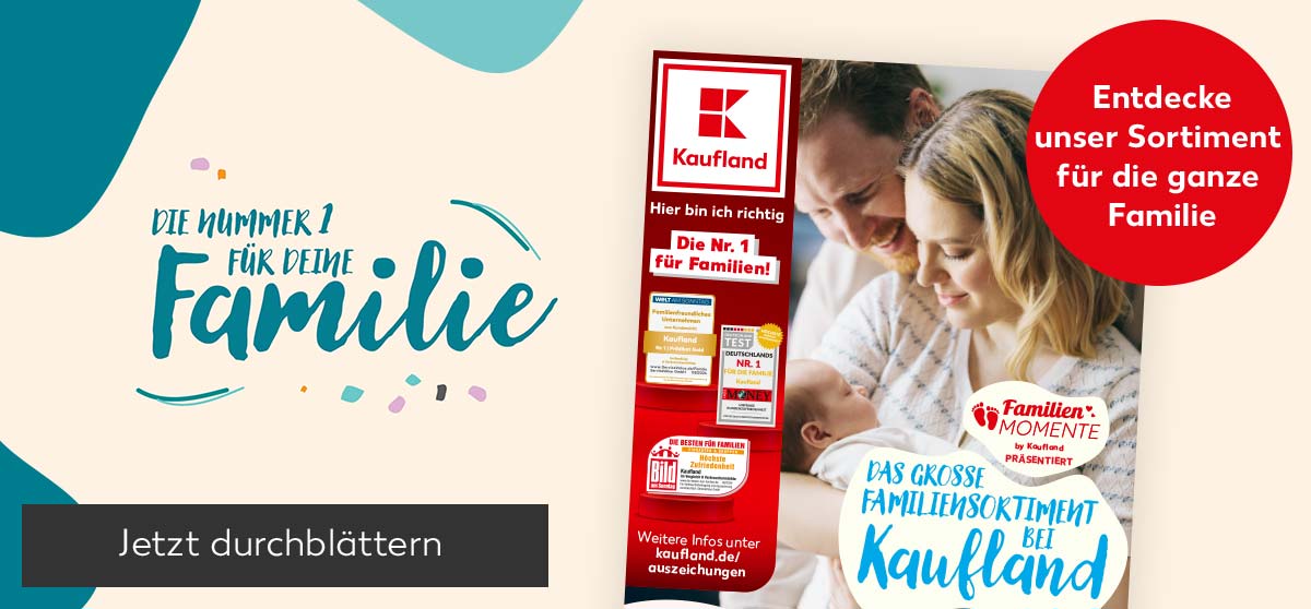 Schriftzug: Die Nummer 1 für deine Familie; Abbildung: Prospekt FamilienMomente; Button: Jetzt durchblättern; Störer: Entdecke unser Sortiment für die ganze Familie