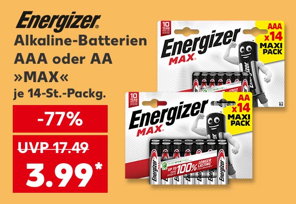 Logo: Energizer; Energizer Alkaline-Batterien, Aaa oder Aa »Max«, je 14-St.-Packg. für 3.99 Euro* (UVP = 17.49 Euro)