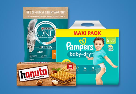 Produktabbildungen: Pampers Maxi-Pack, Purina One Katzennahrung, Hanuta Haselnuss-Schnitten
