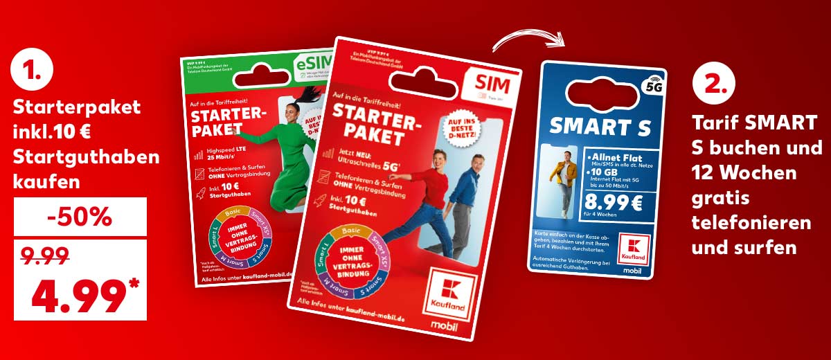Produktabbildungen und Schriftzug: 1. Starterpaket inkl. 10 € Startguthaben kaufen für 4.99 Euro*; 2. Tarif Smart S buchen und 12 Wochen gratis telefonieren und surfen