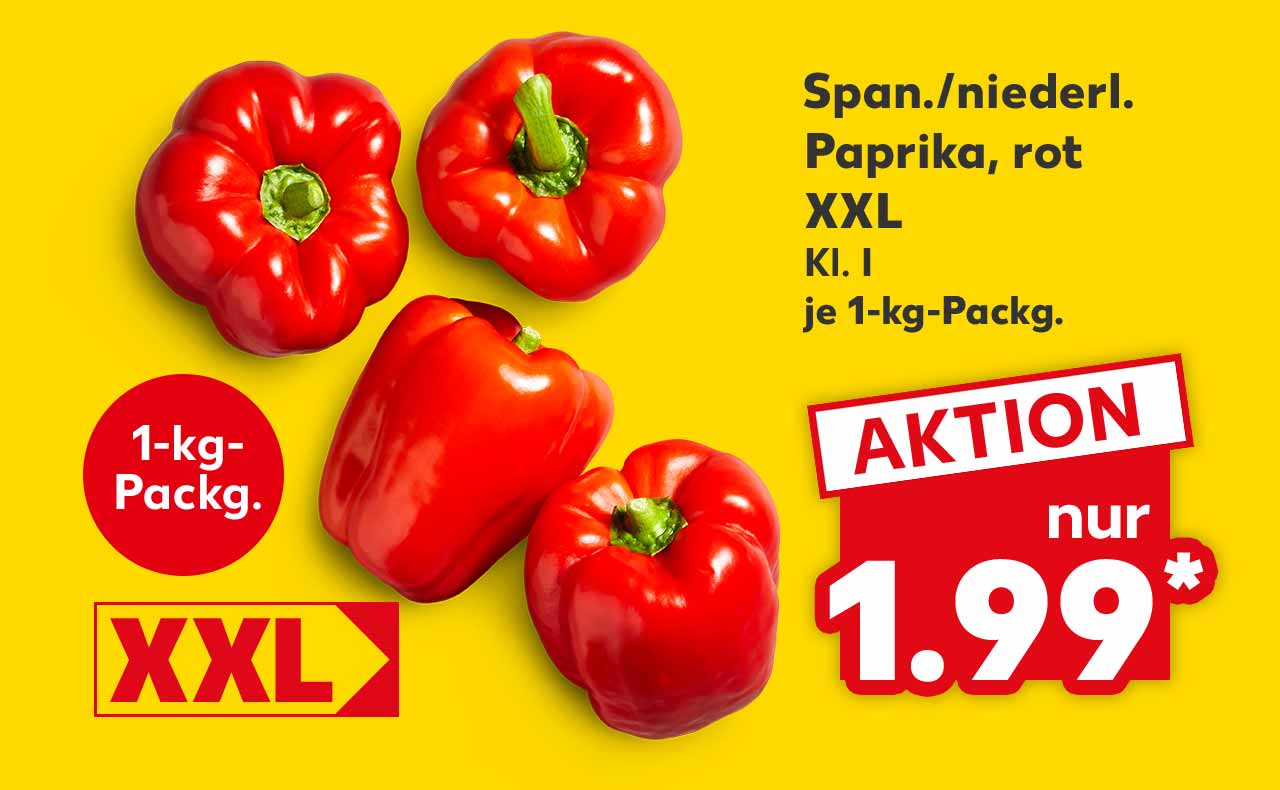 Span./niederl. Paprika, rot, Kl. I, je 1-kg-Packg. für 1.99 Euro*; Störer: 1-kg-Packg.