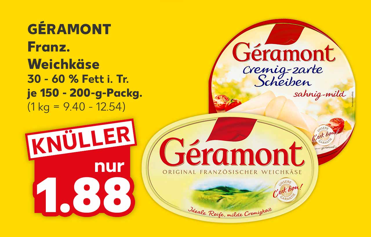 Géramont Franz. Weichkäse, versch. Sorten, 30 - 60 % Fett i. Tr., je 150 - 200-g-Packg. für 1.88 Euro (1 kg = 9.40 - 12.54)