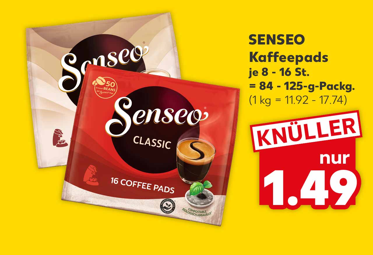 Senseo Kaffeepads, versch. Sorten, je 8 - 16 St. = 84 - 125-g-Packg. für 1.49 Euro (1 kg = 11.92 - 17.74)