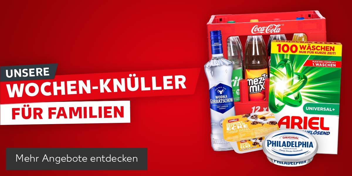 Schriftzug: Unsere Wochen-Knüller für Familien; Produktabbildungen: Coca-Cola, Fanta, Sprite oder Mezzo Mix, Gorbatschow Wodka oder Raspberry, Ariel Voll- oder Colorwaschmittel, Philadelphia Frischkäsezubereitung, Müller Joghurt mit der Ecke; Button: Mehr Angebote entdecken