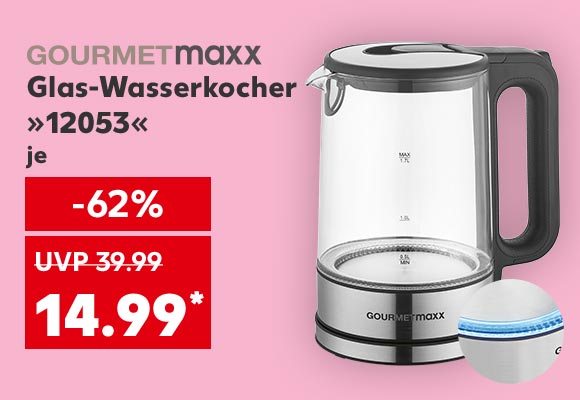 Logo: Gourtmetmaxx; Gourmetmaxx Glas-Wasserkocher »12053«, je für 14.99 Euro* (UVP = 39.99 Euro); Störer: Blauer Led-Effekt bei sprudelndem Wasser