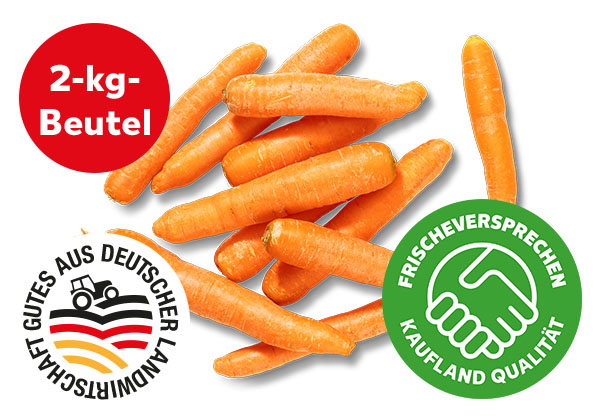 Dtsch. Möhren; Störer: 2-kg-Beutel; Logo: Gutes aus deutscher Landwirtschaft; Logo: Frischeversprechen Kaufland Qualität