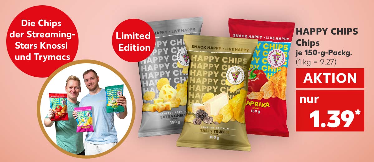 Happy Chips Chips, versch. Sorten, je 150-g-Packg. für 1.39 Euro* (1 kg = 9.27); Abbildung: Knossi und Trymacs; Störer: Limited Edition