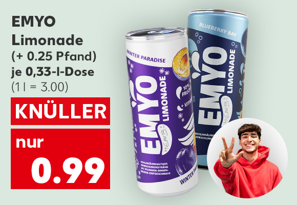 Emyo Limonade, versch. Sorten, (+ 0.25 Pfand), je 0,33-l-Dose für 0.99 Euro (1 l = 3.00); Logo: Neue Sorte; Abbildung: Emir Bayrak