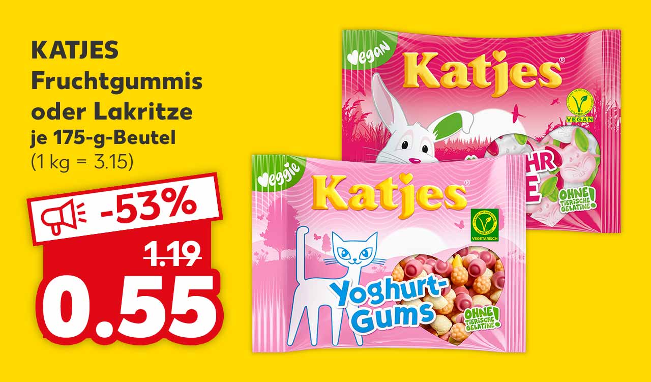 Katjes Fruchtgummis oder Lakritze, versch. Sorten, je 175-g-Beutel für 0.55 Euro (1 kg = 3.15)