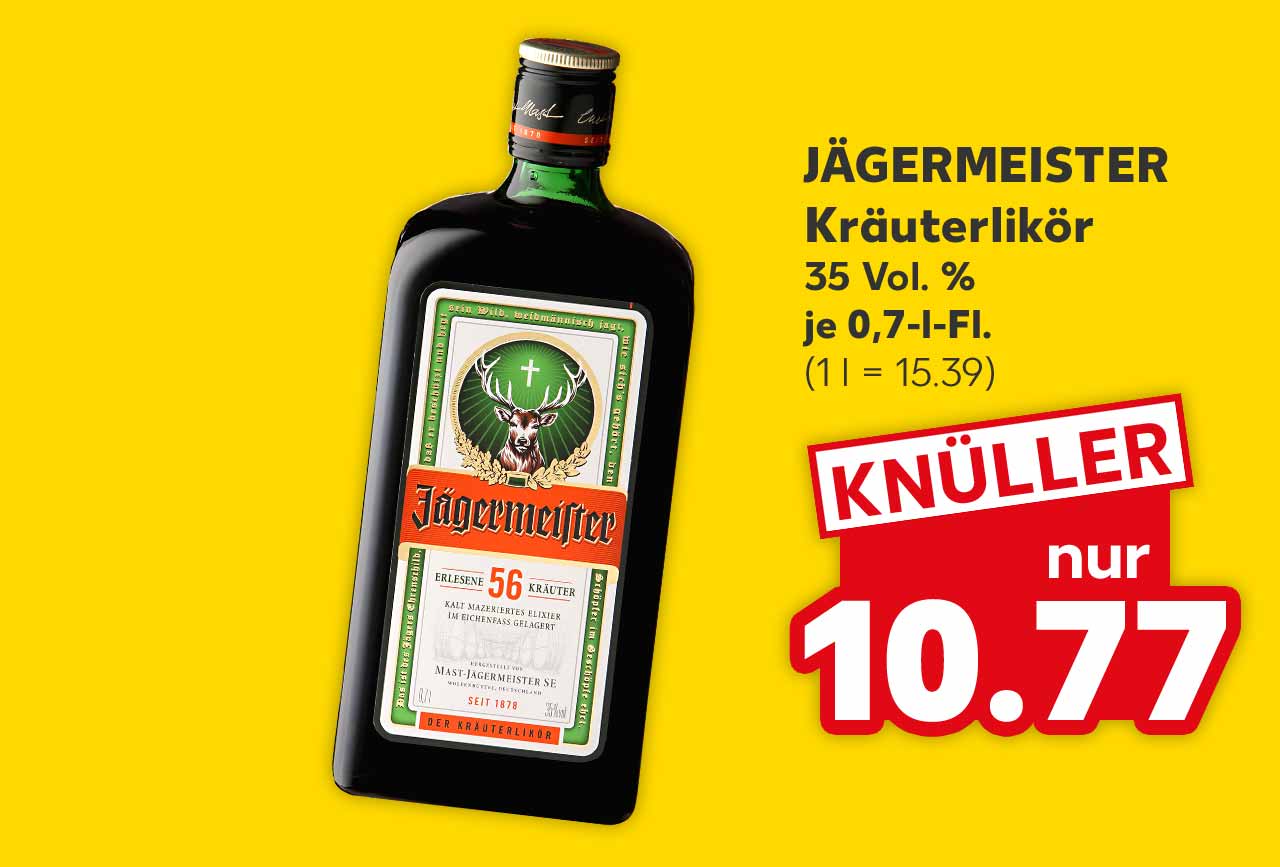 Jägermeister Kräuterlikör, 35 Vol. %, je 0,7-l-Fl. für 10.77 Euro (1 l = 15.39)