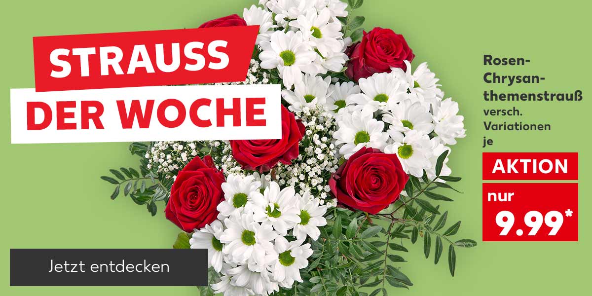 Schriftzug: Strauß der Woche; Rosen-Chrysanthemenstrauß, versch. Variationen, je für 9.99 Euro*; Button: Jetzt entdecken