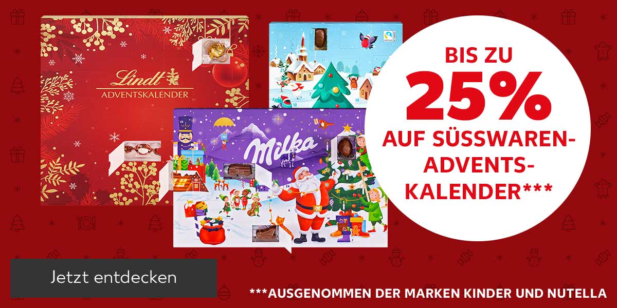 Störer: Bis zu 25 % Rabatt auf Süßwaren-Adventskalender***; Schriftzug: ***ausgenommen der Marken Kinder und Nutella; Abbildung: Verschiedene Süßwaren-Adventskalender; Button: Jetzt entdecken