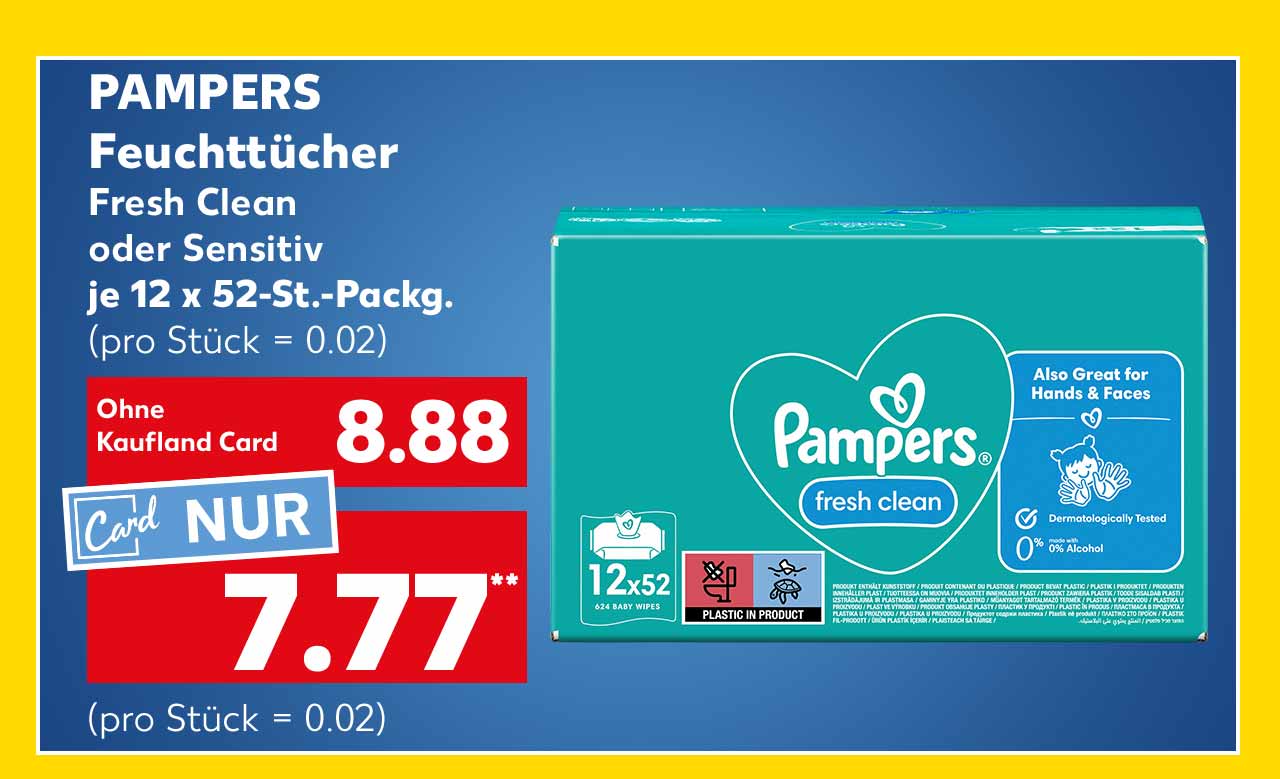 Pampers Feuchttücher, Fresh Clean oder Sensitiv, je 12 x 52-St.-Packg. für 8.88 Euro* (pro Stück = 0.02); Kaufland Card Preis: 7.77 Euro** (pro Stück = 0.02)