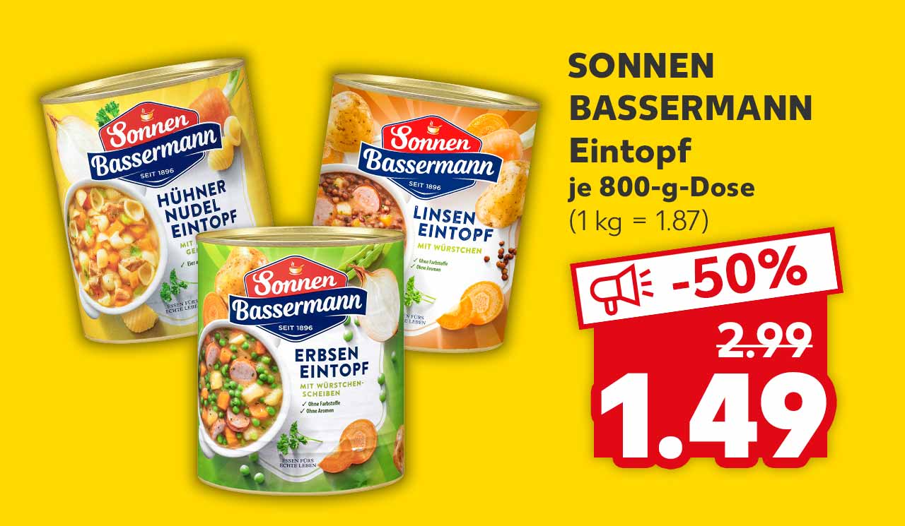 Sonnen Bassermann Eintopf, versch. Sorten, je 800-g-Dose für 1.49 Euro (1 kg = 1.87)