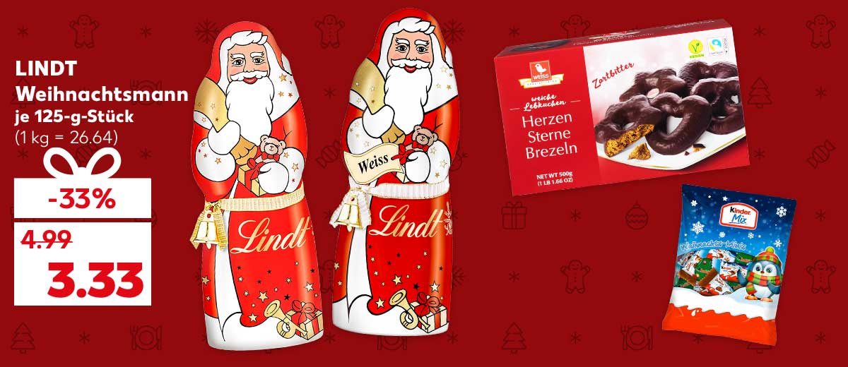 Lindt Weihnachtsmann, versch. Sorten, je 125-g-Stück für 3.33 Euro (1 kg = 26.64); Weitere Produktabbildungen: Kinder Mix-Weihnachts-Minis, Weiss Weiche Lebkuchen