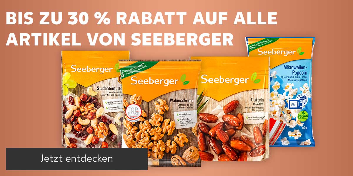 Schriftzug: Bis zu 30 % Rabatt auf alle Artikel von Seeberger; Abbildung: Verschiedene Artikel von Seeberger; Button: Jetzt entdecken