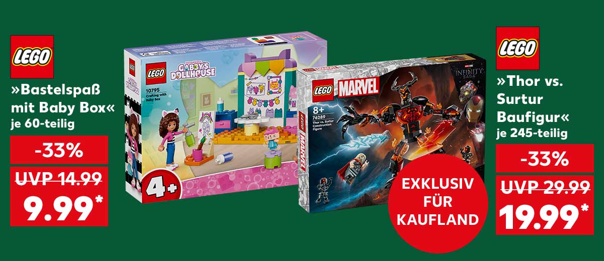 Logo: Lego; Lego »Bastelspaß mit Baby Box«, je 60-teilig für 9.99 Euro* (UVP 14.99); Logo: Lego; Lego »Thor vs. Surtur Baufigur«, je 245- teilig für 19.99 Euro* (UVP 29.99); Logo: Exklusiv für Kaufland