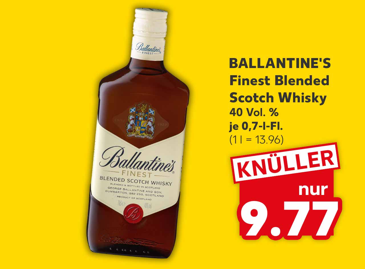 Ballantine's Finest Blended Scotch Whisky, 40 Vol. %, je 0,7-l-Fl. für 9.77 Euro (1 l = 13.96)