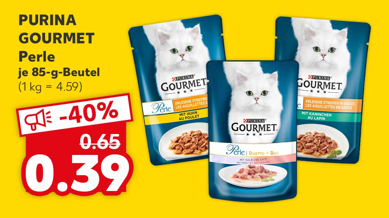 Purina Gourmet Perle, versch. Sorten, je 85-g-Beutel für 0.39 Euro (1 kg = 4.59)