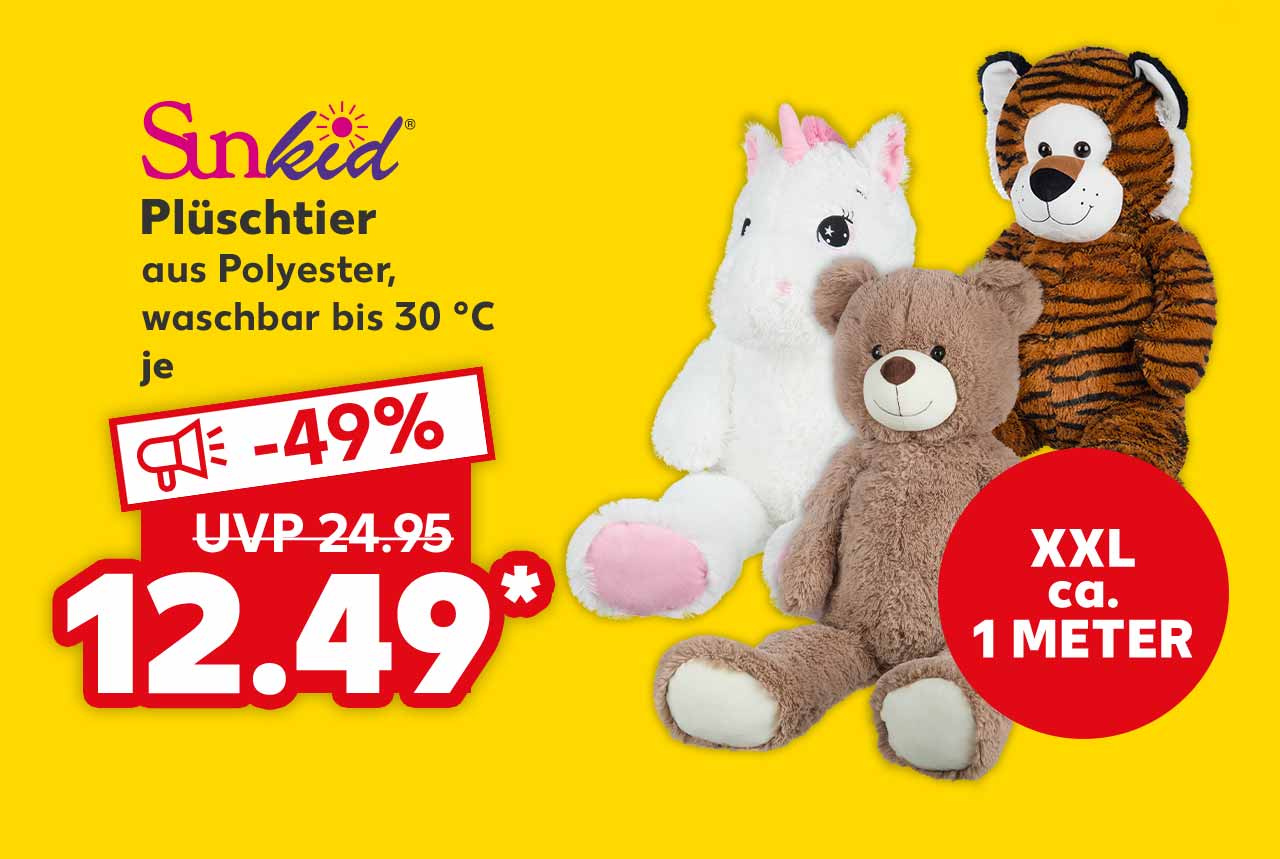 Logo: Sunkid; Sunkid Plüschtier, versch. Ausführungen, aus Polyester, waschbar bis 30 °C, je für 12.49 Euro* (UVP = 24.95 Euro); Störer: ca. 1 Meter