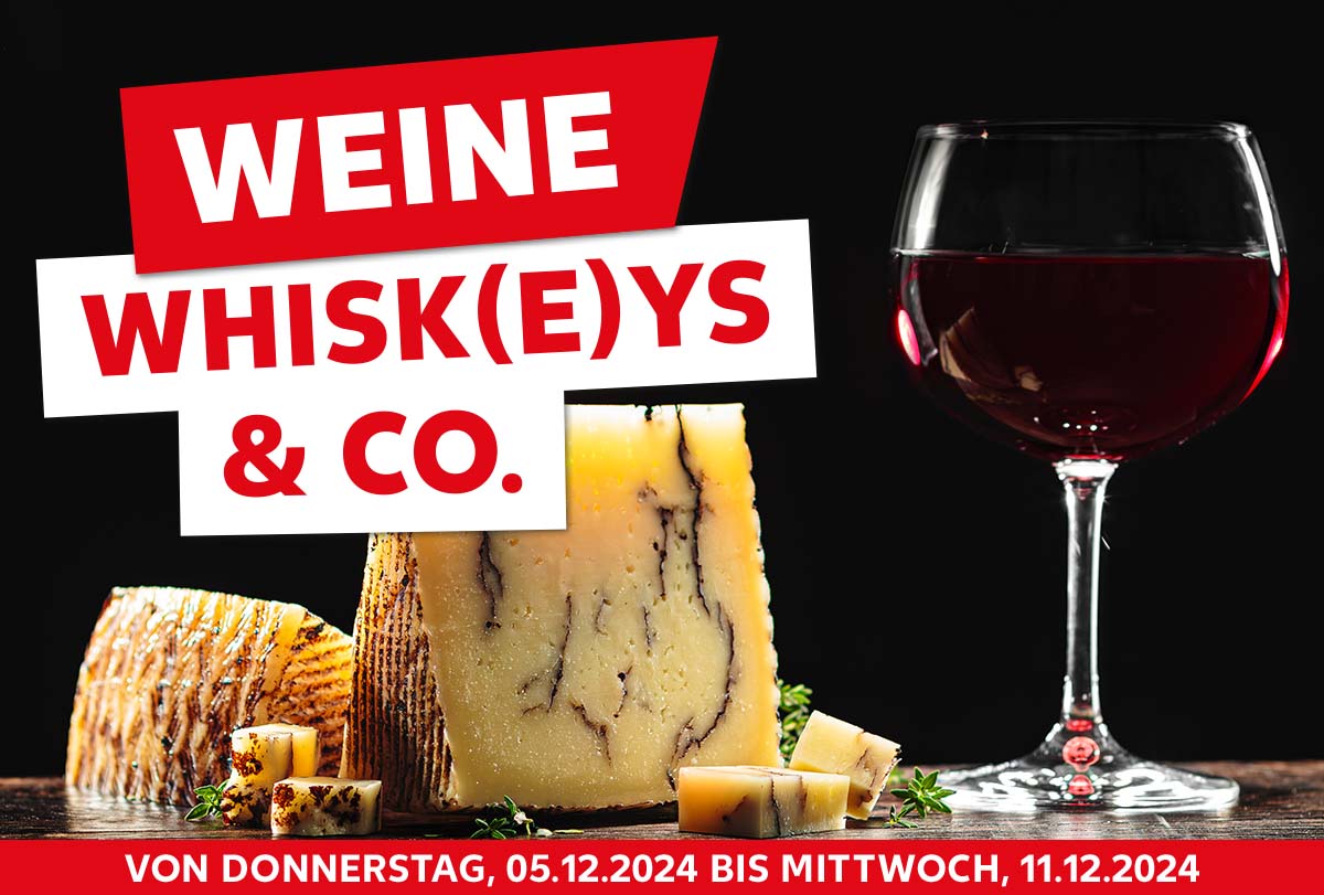 Schriftzug: Von Donnerstag, 05.12.2024 bis Mittwoch, 11.12.2024; Weine Whisk(e)ys & Co.; Abbildung: Ein Weinglas und Käse