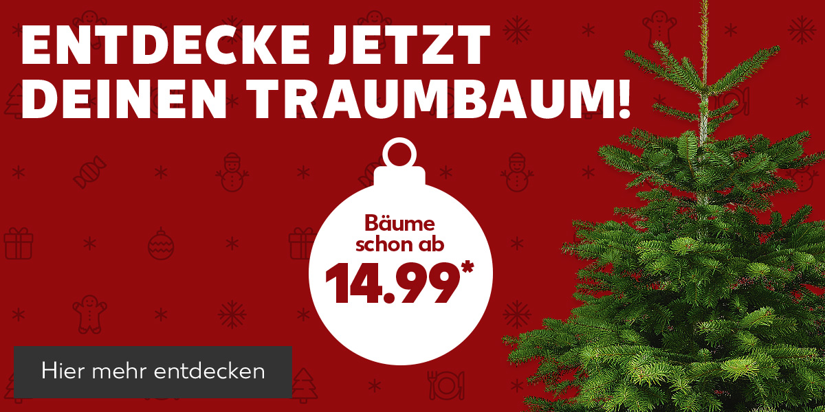 Schriftzug: Entdecke jetzt deinen Traumbaum!; Störer in Form einer Christbaumkugel: Bäume schon ab 14.99 Euro*; Abbildung: Weihnachtsbaum; Button: Hier mehr entdecken