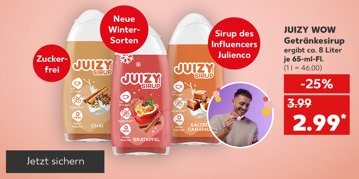 Juizy Wow Getränkesirup, versch. Sorten, ergibt ca. 8 Liter, je 65-ml-Fl. für 2.99 Euro* (1 l = 46.00); Störer: Zuckerfrei; Störer: Sirup des Influencers Julienco; Störer: Neue Winter-Sorten; Abbildung: Influencer Julienco; Button: Jetzt sichern