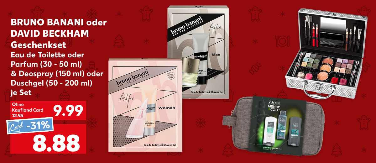 Bruno Banani oder David Beckham Geschenkset, Eau de Toilette oder Parfum (30 - 50 ml) & Deospray (150 ml) oder Duschgel (50 - 200 ml), je Set für 9.99 Euro, Kaufland Card Preis: 8.88 Euro; Weitere Produktabbildungen: Dove oder Axe Geschenkset, Kosmetikkoffer »Paris«