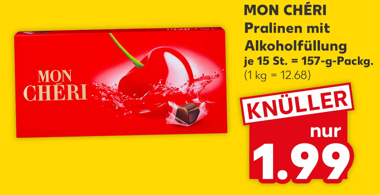Mon Chérie Pralinen mit Alkoholfüllung, je 15 St. = 157-g-Packg. für 1.99 Euro (1 kg = 12.68)