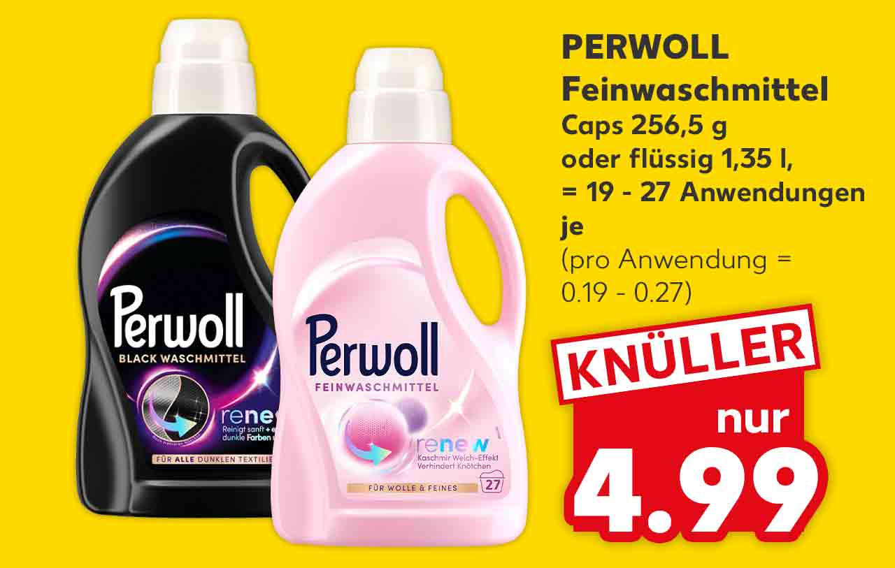 Perwoll Feinwaschmittel, Caps 256,5 g oder flüssig 1,35 l, = 19 - 27 Anwendungen, je für 4.99 Euro (pro Anwendung = 0.19 - 0.27) 