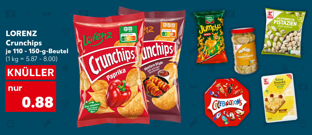 Lorenz Crunchips, versch. Sorten, je 110 - 150-g-Beutel für 0.88 Euro (1 kg = 5.87 - 8.00); Weitere Produktabbildungen: Funny-Frisch Knuspersnack, Celebrations Mini-Schokoriegel, K-Classic Champignons, K-Classic Kaliforn. Pistazien, K-Classic Käse-Snack