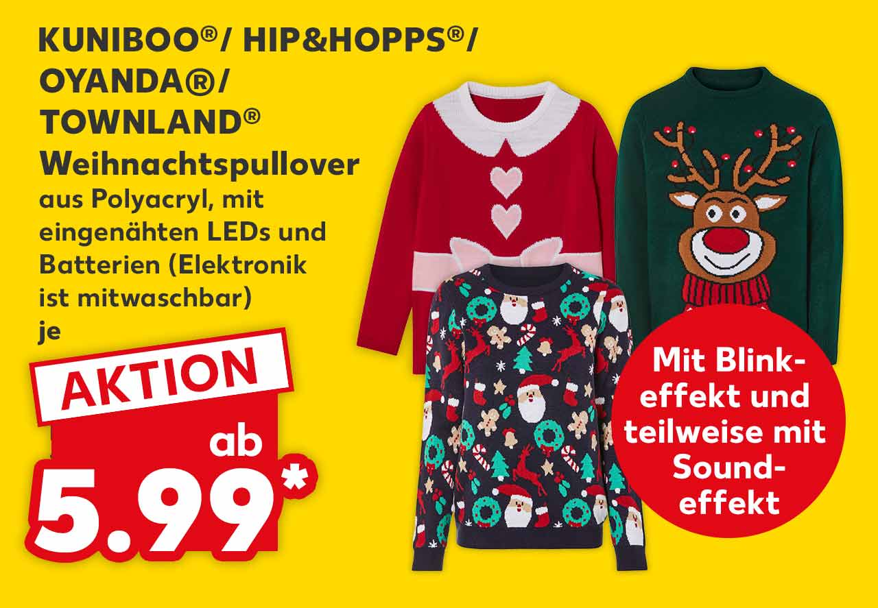 Logo: Kuniboo®, Hip&Hopps®, Oyanda®, Townland®; Weihnachtspullover, aus Polyacryl, angenehm weich, mit eingenähten LEDs und Batterien (Elektronik ist mitwaschbar), je ab 5.99 Euro*; Störer: Mit Blinkeffekt und teilweise mit Soundeffekt