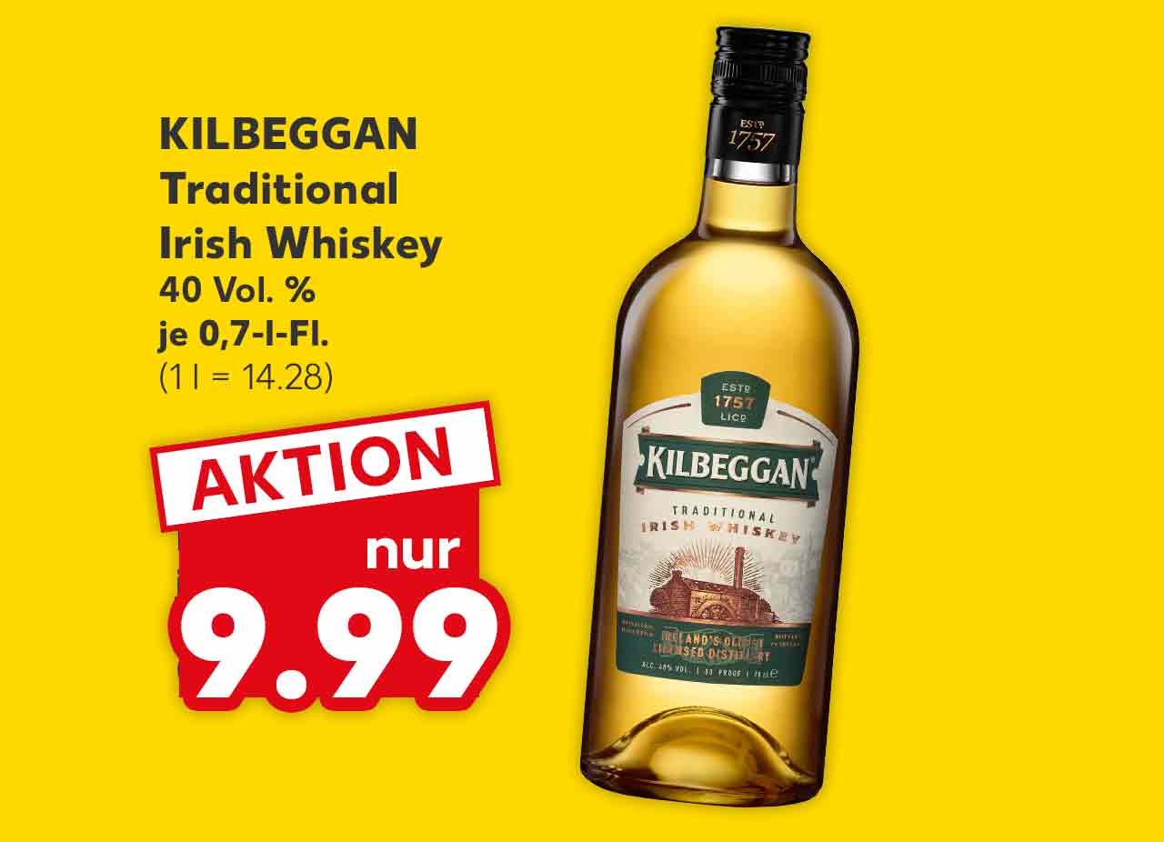 Kilbeggan Traditional Irish Whiskey, 40 Vol. %, je 0,7-l-Fl. für 9.99 Euro (1 l = 14.28)
