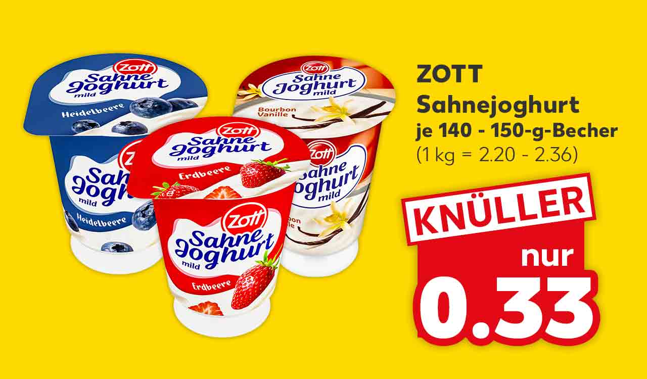 Zott Sahnejoghurt, versch. Sorten, je 140 - 150-g-Becher für 0.33 Euro (1 kg = 2.20 - 2.36) 