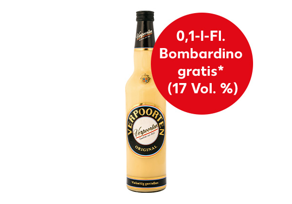 Verpoorten Eierlikör; Störer: 0,1-l-Fl. Bombardino gratis* (17 Vol. %)