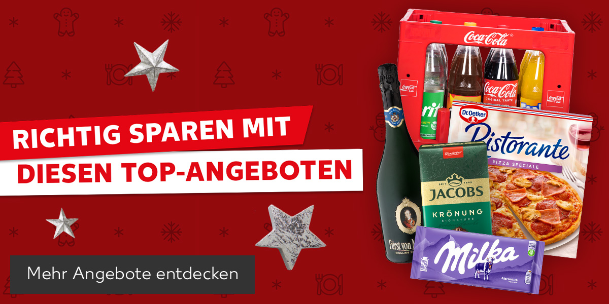 Schriftzug: Richtig sparen mit diesen Top-Angeboten; Produktabbildungen: Jacobs Krönung oder Café Hag Kaffee, Coca-Cola, Fanta, Sprite oder Mezzo Mix, Dr. Oetker Ristorante Pizza, Fürst von Metternich Sekt, Milka Schokolade; Button: Mehr Angebote entdecken