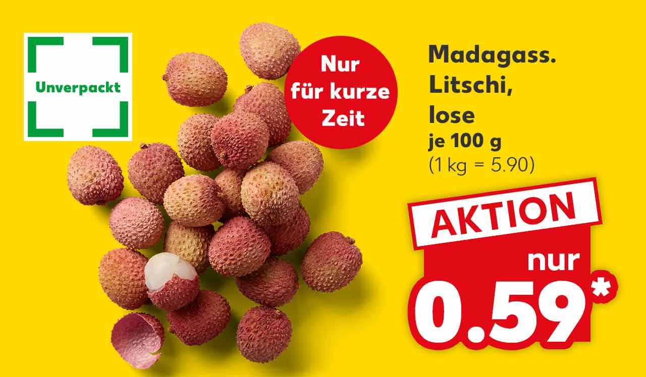 Madagass. Litschi, lose, je 100 g für 0.59 Euro* (1 kg = 5.90); Logo: Unverpackt; Störer: Nur für kurze Zeit
