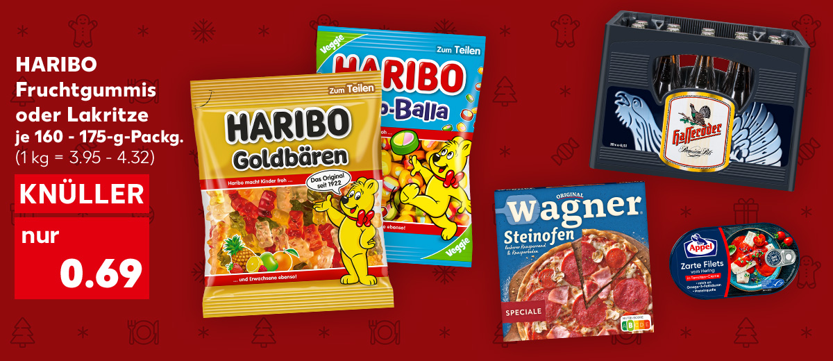 Haribo Fruchtgummis oder Lakritze, versch. Sorten, je 160 - 175-g-Packg. für 0.69 Euro (1 kg = 3.95 - 4.32); Weitere Produktabbildungen: Original Wagner Steinofen-Pizza oder-Flammkuchen, Appel Zarte Heringsfilets, Hasseröder Premium Pils