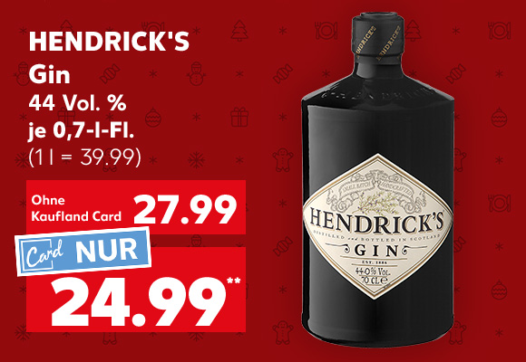 Hendrick's Gin, 44 Vol. %, je 0,7-l-Fl. für 27.99 Euro (1 l = 39.99), Kaufland Card Preis: 24.99 Euro** (1 l = 35.70)