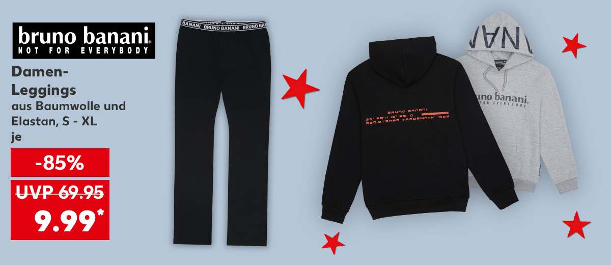 Logo: Bruno Banani, Damen-Leggings aus Baumwolle und Elastan, S - XL je für 9.99 Euro* (UVP = 69.95); Weitere Produktabbildungen: Hoodie