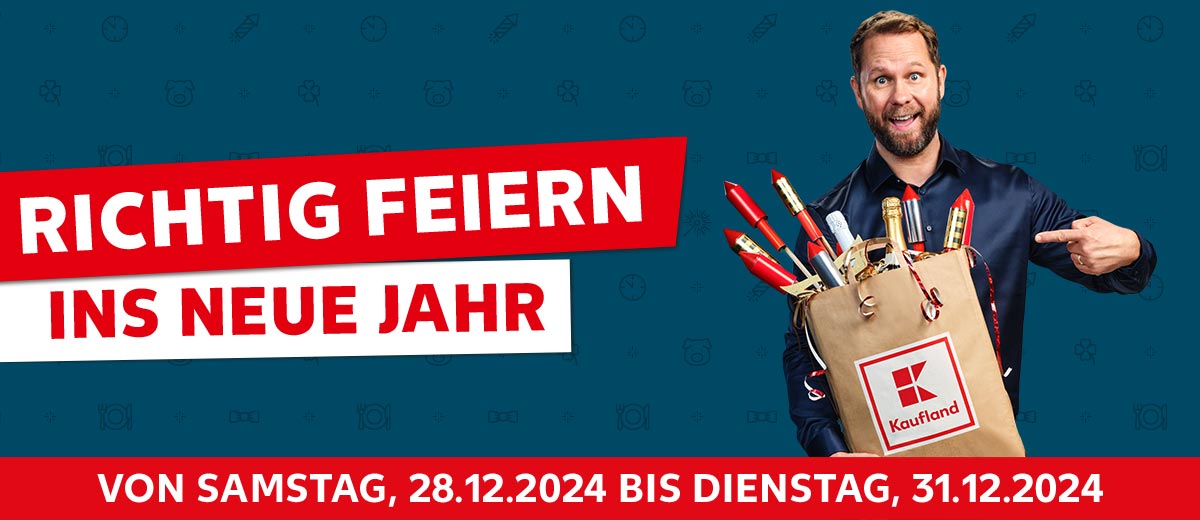 Schriftzug: Richtig feiern ins neue Jahr, Von Samstag., 28.12.2024 bis Dienstag 31.12.2024; Abbildung: Mann mit Einkaufstüte mit Feuerwerk