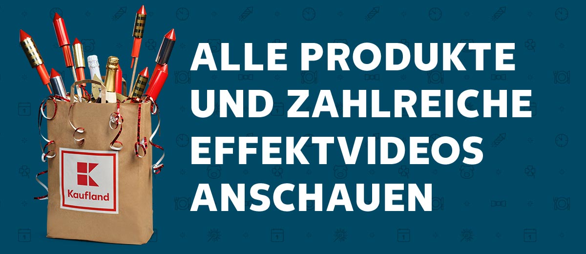 Abbildung: Einkaufstüte mit Raketen; Schriftzug: Alle Produkte und zahlreiche Effektvideos anschauen